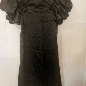 100% Satin Silk Kensie ruffle ruched puff Short sleeve Black Dress